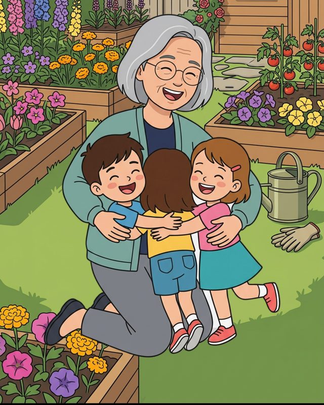Cartoon grandmother hugging three grandkids in her garden