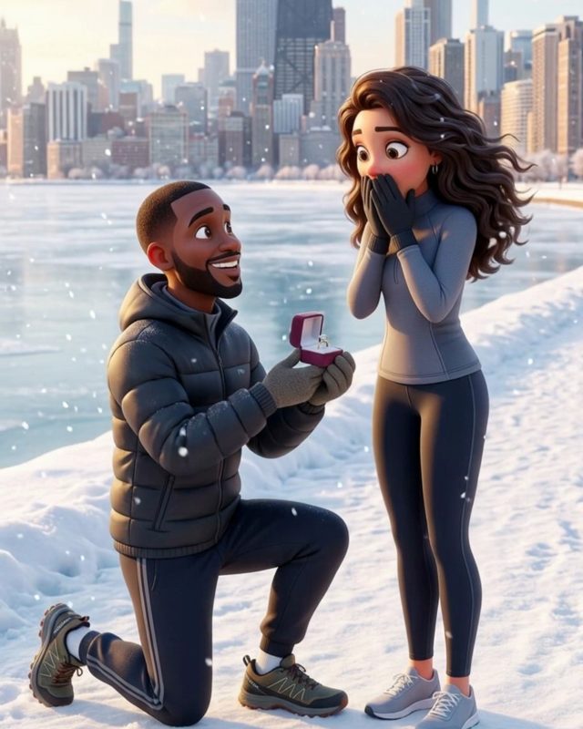 Animated man proposing on one knee on a snowy lakefront